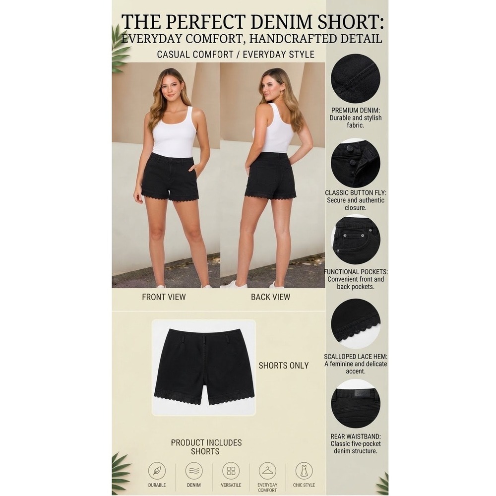 Black Cotton Eyelet Lace Trim Shorts High Waisted Plus
